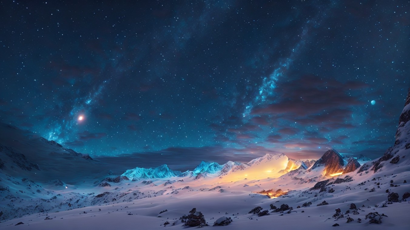 Nighttime Landscape of Snow-Covered Mountains and Stars