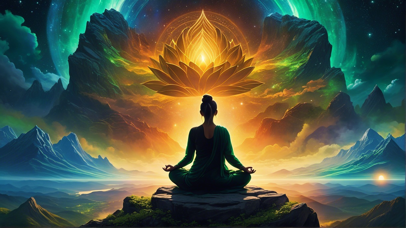 Meditative Figure with Lotus Flower in Mountain Scene