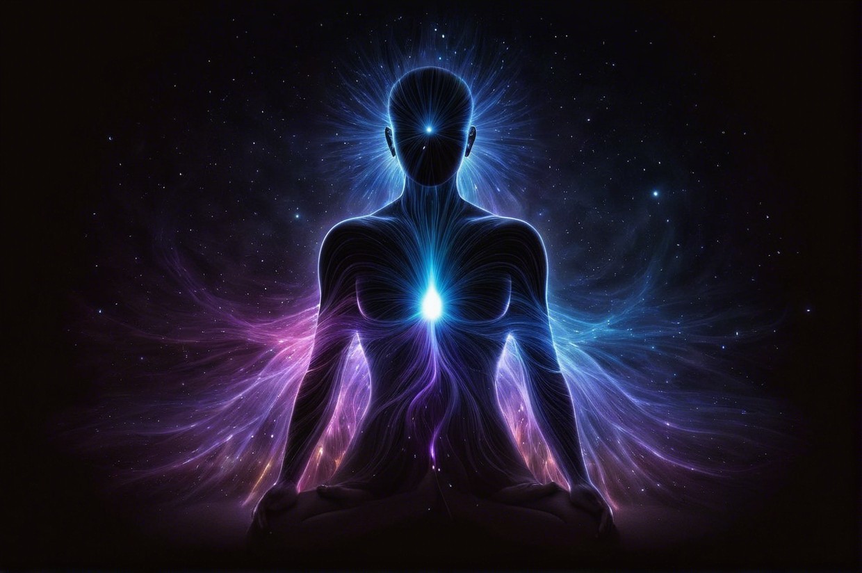 Silhouetted Figure in Meditation with Vibrant Lights