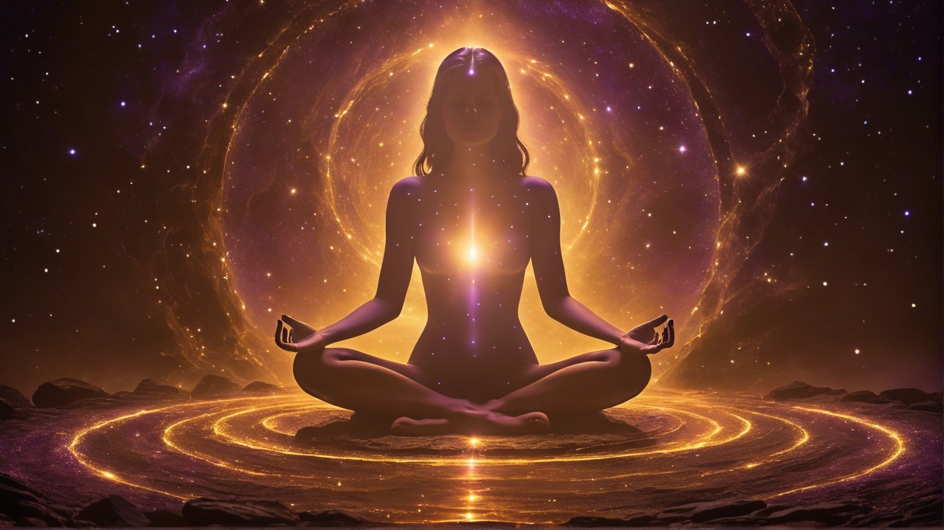 Meditative Figure Against Cosmic Backdrop with Light