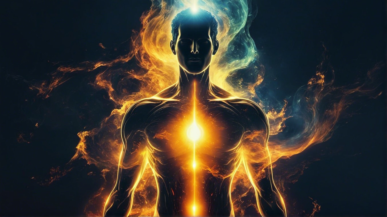 Glowing Figure Surrounded by Vibrant Flames and Light