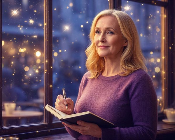 Blonde Woman Journaling by a Starry Window at Night