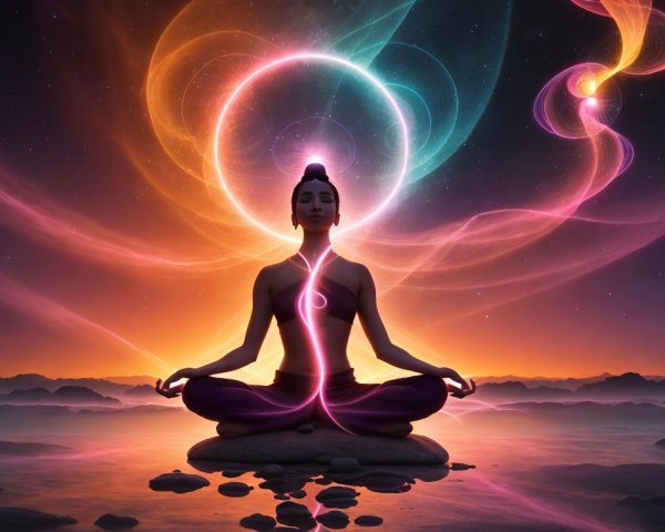 Meditative Figure in a Tranquil Dusk Landscape