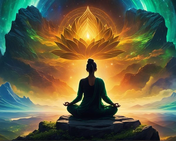 Meditative Figure with Lotus Flower in Mountain Scene