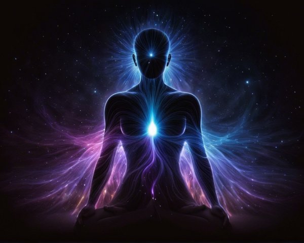 Silhouetted Figure in Meditation with Vibrant Lights