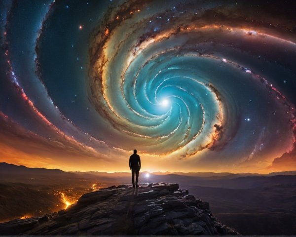 Cosmic Spiral Overlooking a City at Night