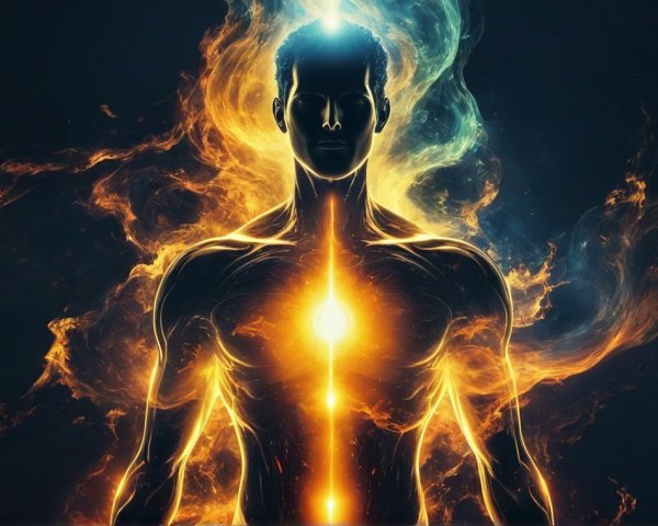 Glowing Figure Surrounded by Vibrant Flames and Light