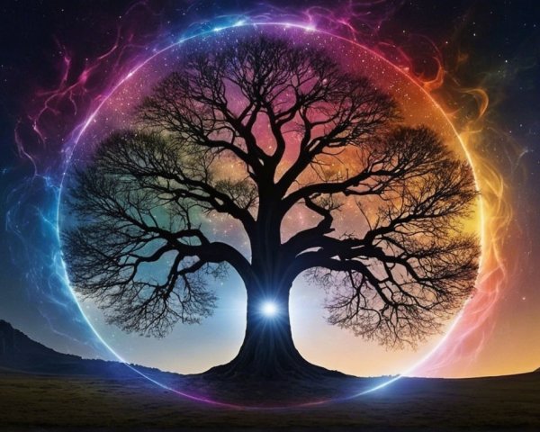 Majestic tree in a vibrant cosmic circle at twilight