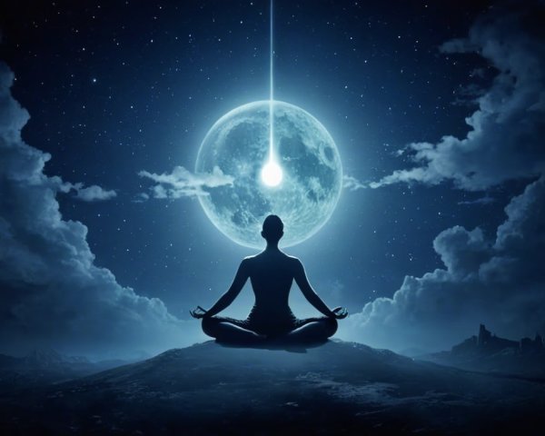 Meditative Figure on Mountain Under Full Moon Glow