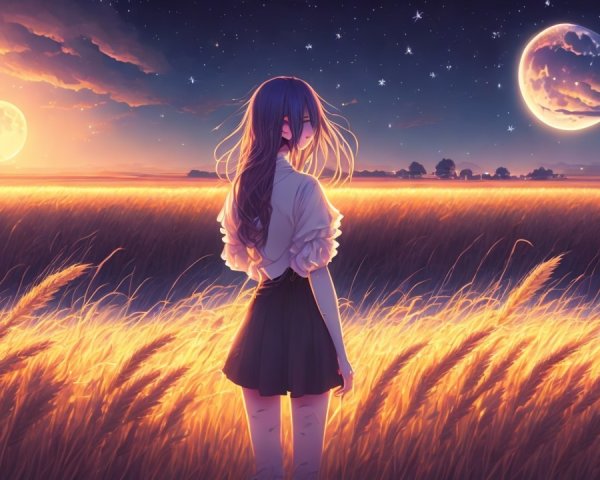 Girl in Golden Wheat Field Under Colorful Sky