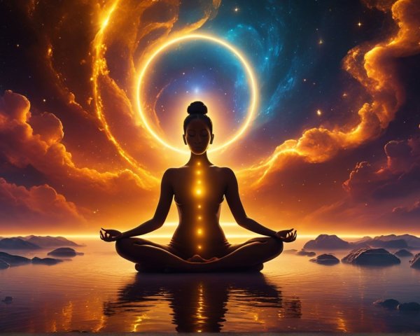 Meditative Figure in Vibrant Cosmic Landscape