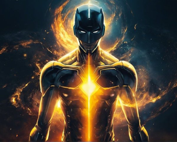 Superhero in Dark Armor with Cosmic Background
