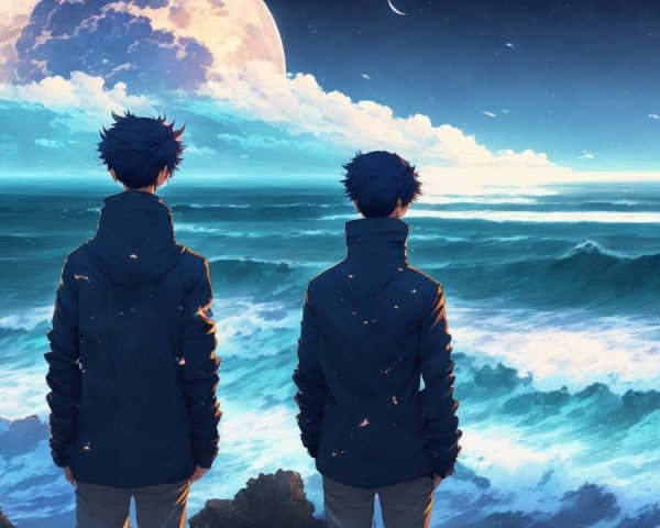 Figures on Rocky Terrain Under Starry Night Sky