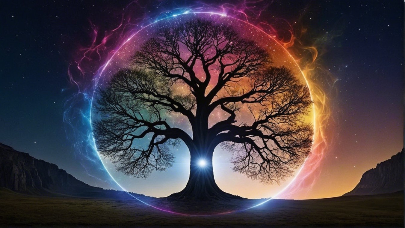Majestic tree in a vibrant cosmic circle at twilight