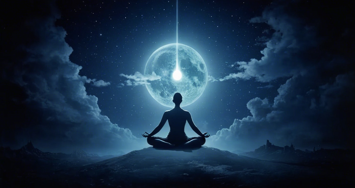 Meditative Figure on Mountain Under Full Moon Glow