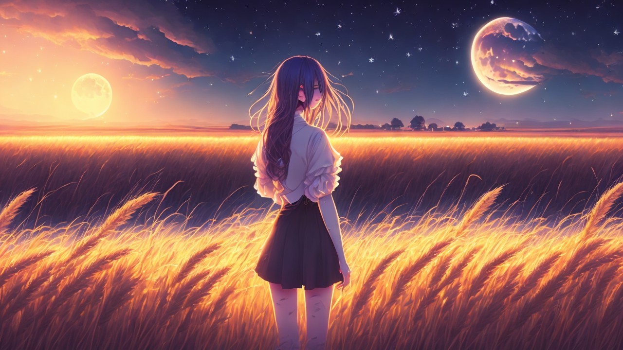 Girl in Golden Wheat Field Under Colorful Sky