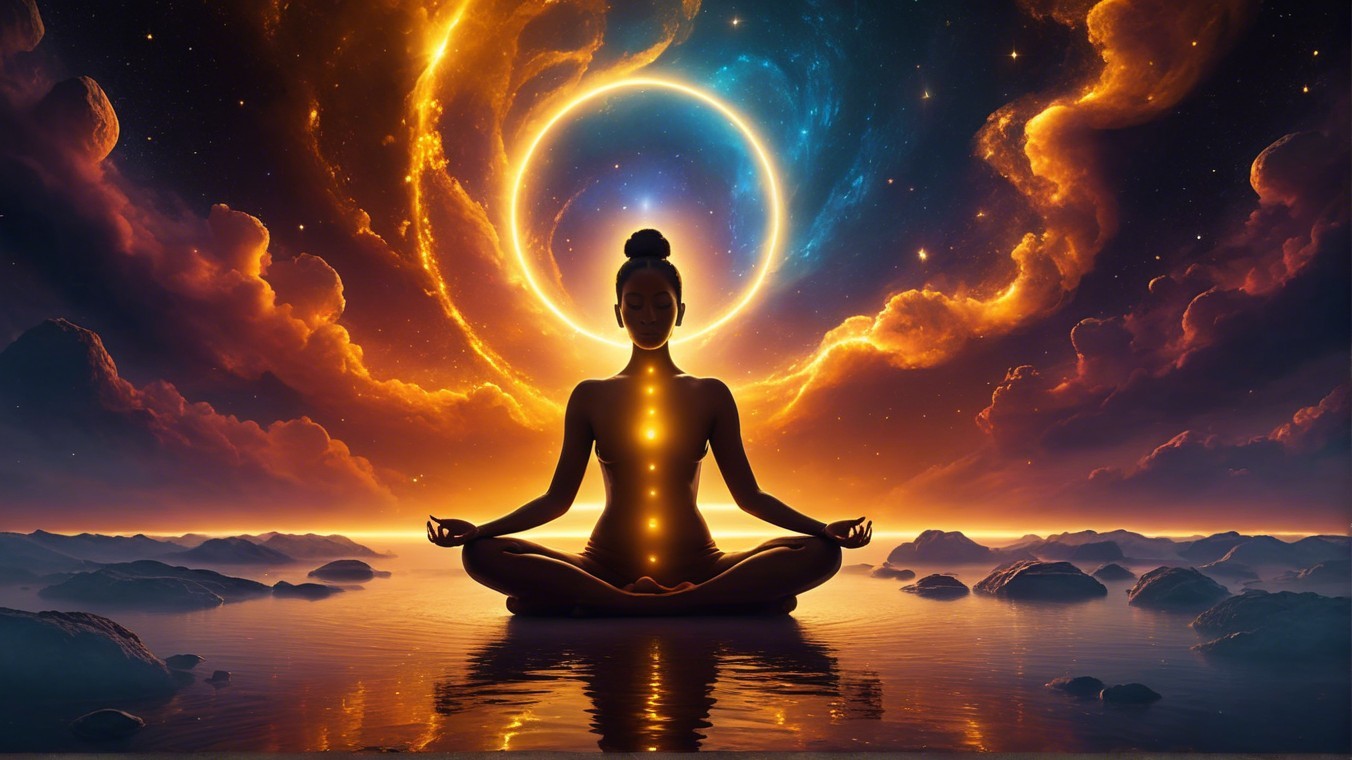 Meditative Figure in Vibrant Cosmic Landscape