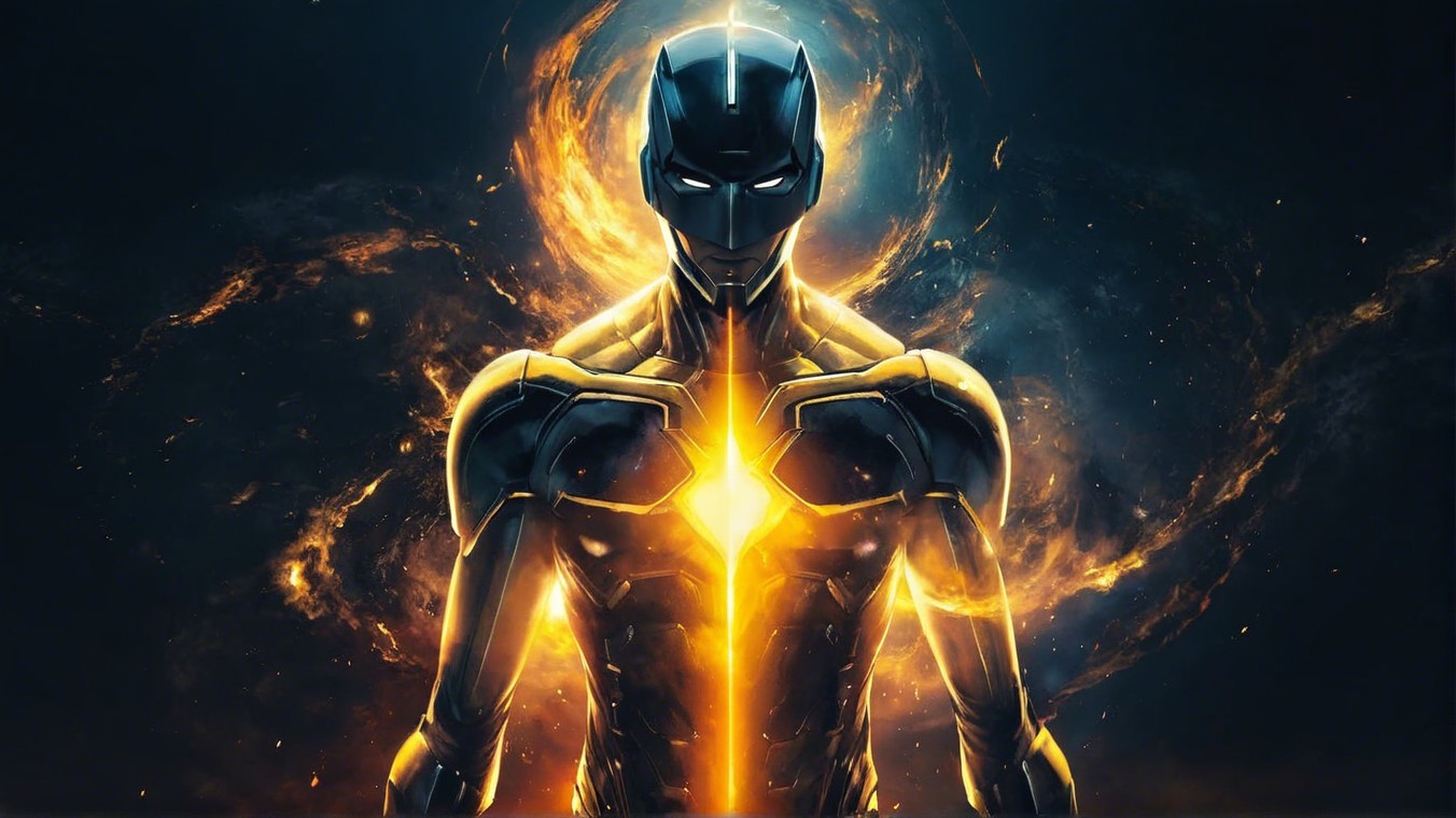 Superhero in Dark Armor with Cosmic Background