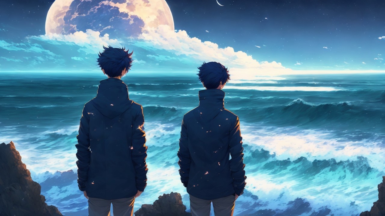 Figures on Rocky Terrain Under Starry Night Sky