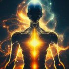 Glowing Figure Surrounded by Vibrant Flames and Light