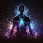Silhouetted Figure in Meditation with Vibrant Lights
