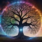 Majestic tree in a vibrant cosmic circle at twilight