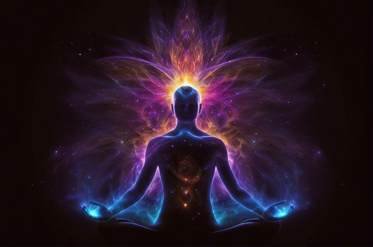Silhouette of Meditative Figure Against Cosmic Background