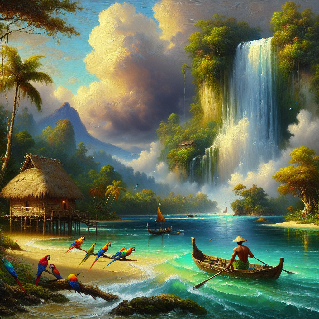Tropical Landscape with Waterfall and Fisherman