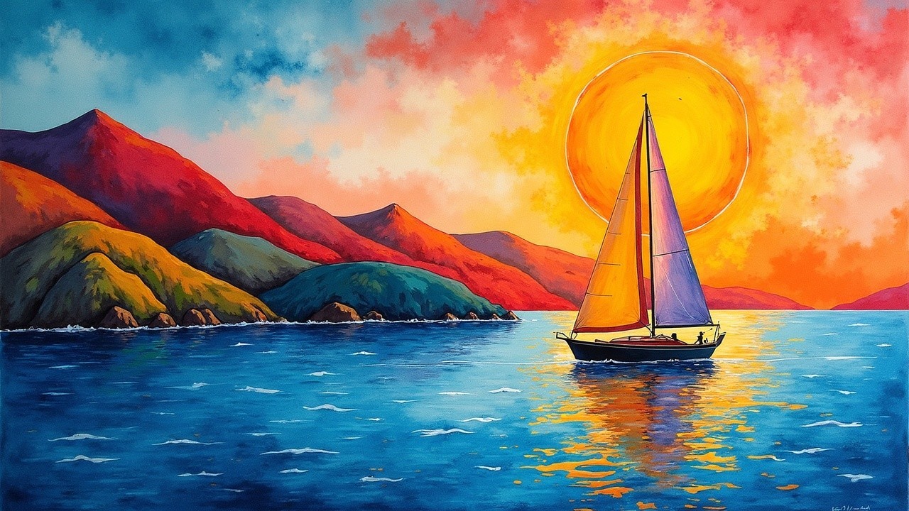 Vibrant Sunset Over Tranquil Waterway with Sailboat
