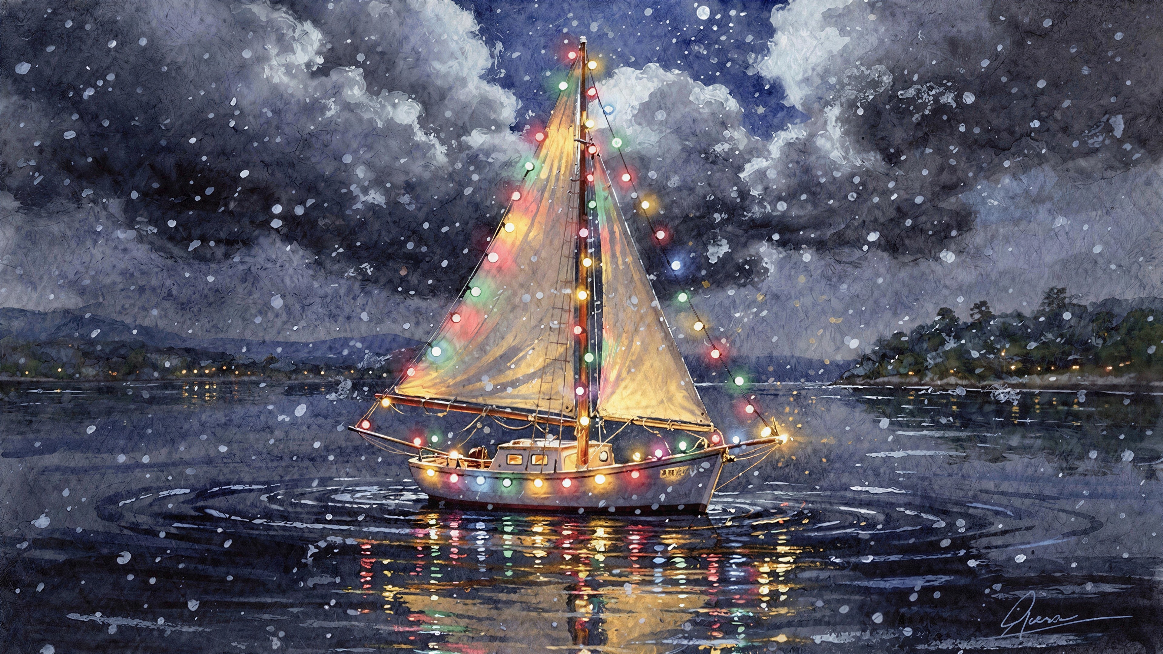 Watercolor of a sailboat with colorful lights in snow