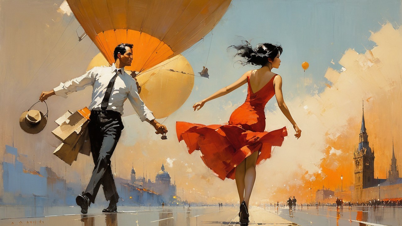 Couple Dancing on Sunlit Street with Hot Air Balloons