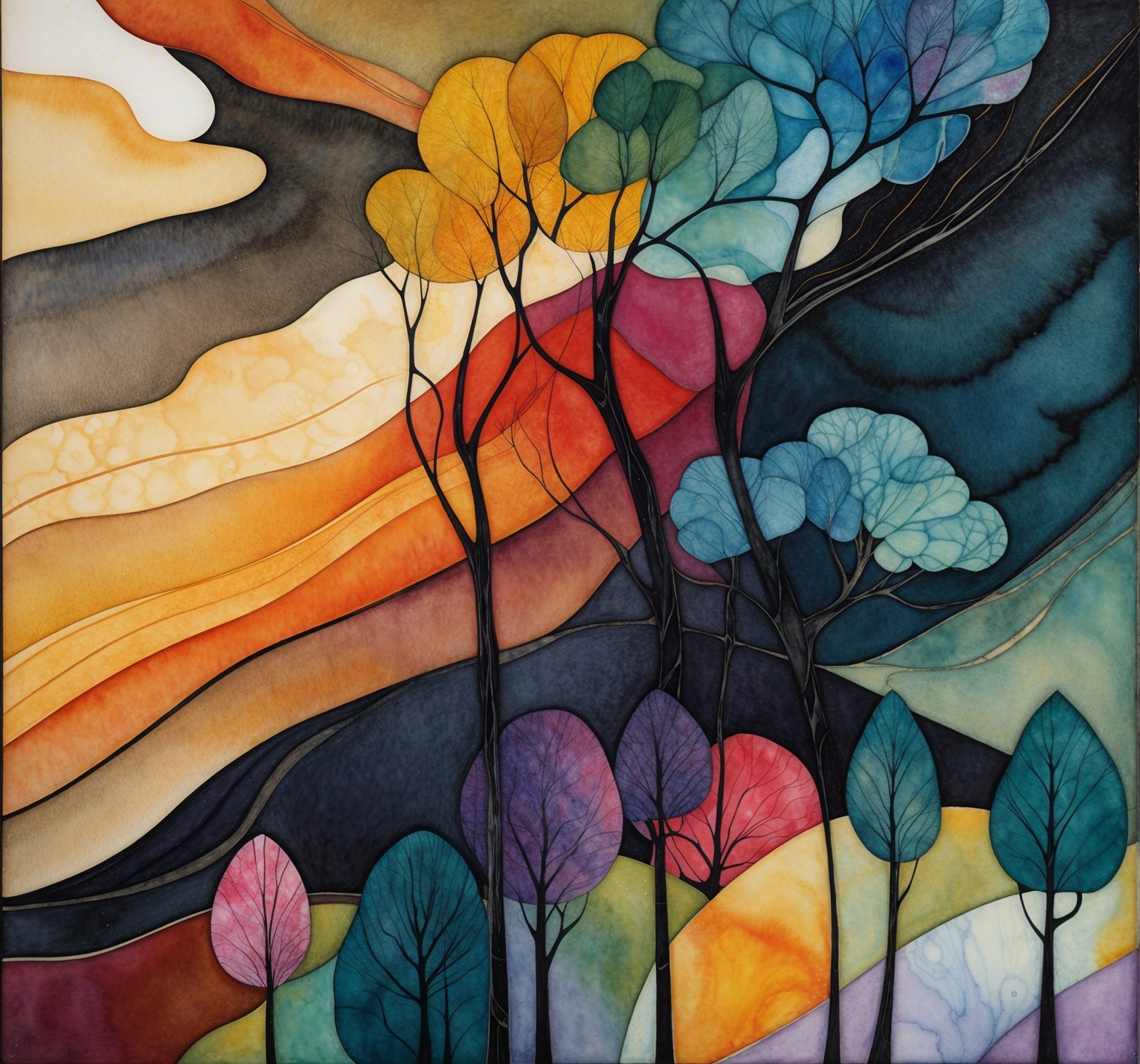 Vibrant Abstract Landscape with Colorful Silhouettes