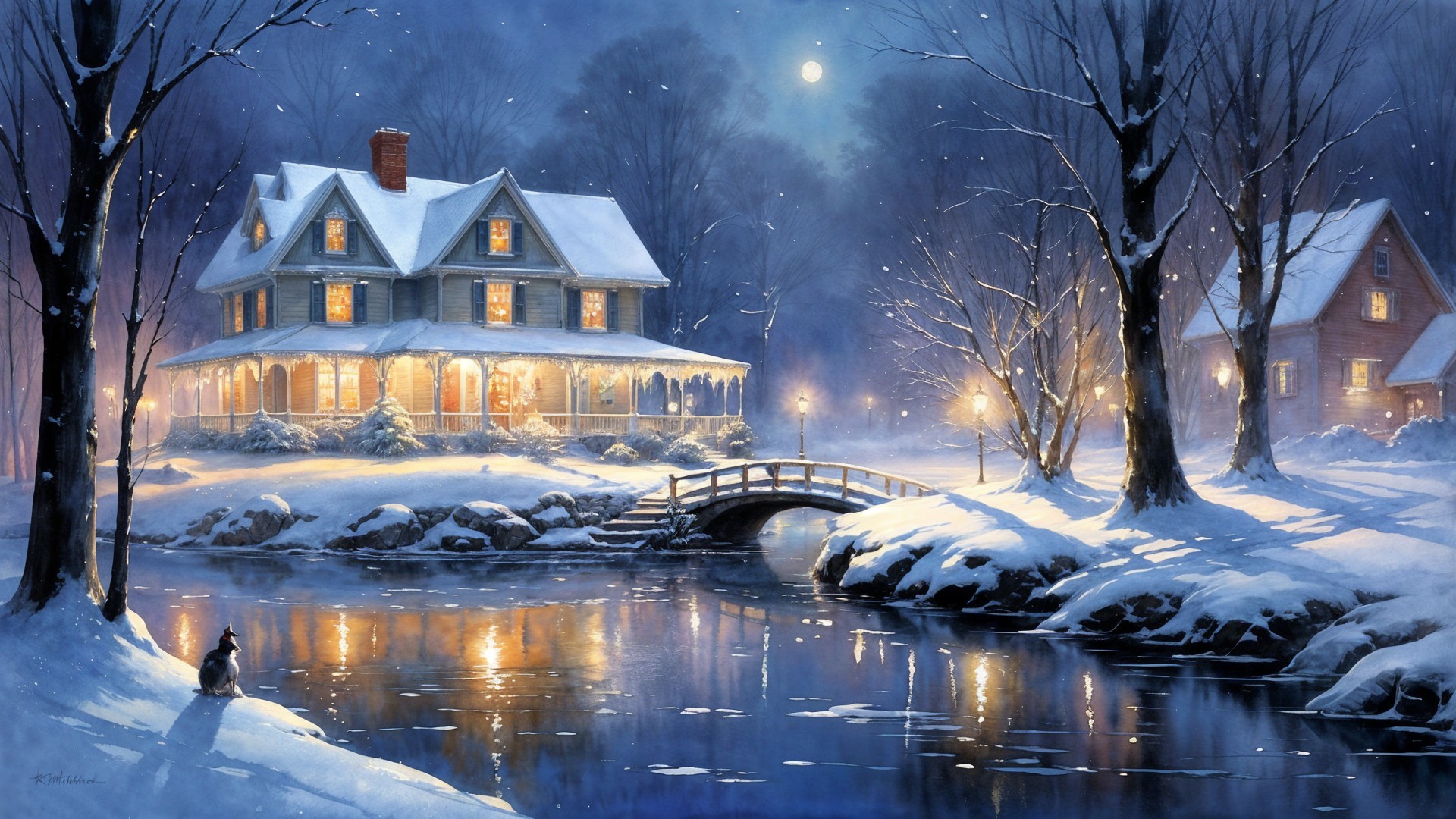 Serene winter landscape with a charming house and creek