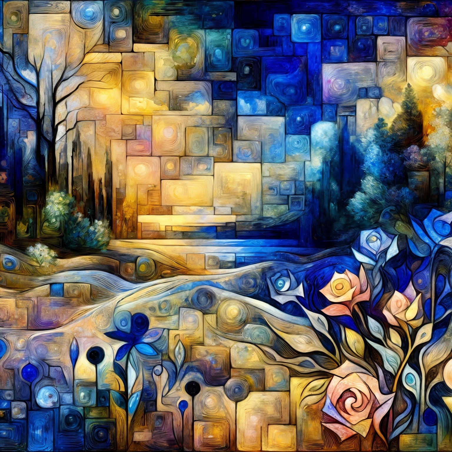 Abstract Landscape with Swirling Patterns and Flowers