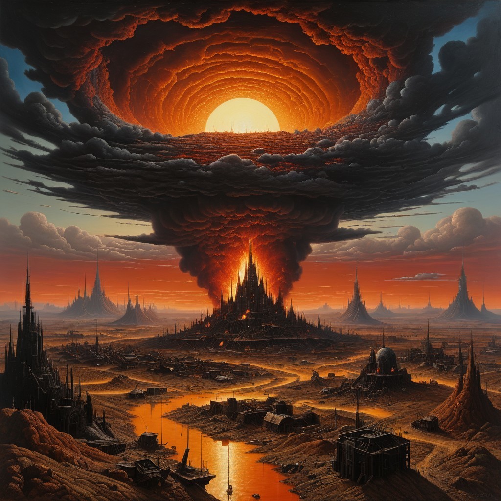 Surreal Apocalyptic Landscape with Dark Fortress and River