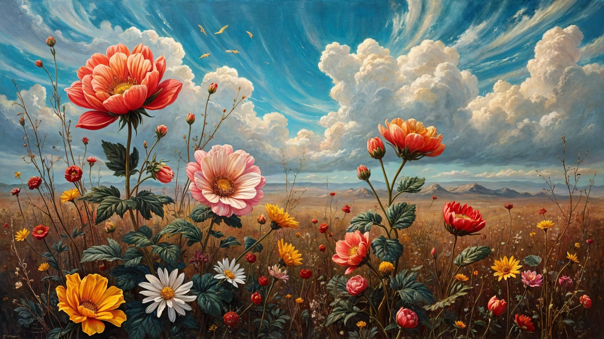Vibrant Landscape with Blooming Flowers and Dramatic Sky