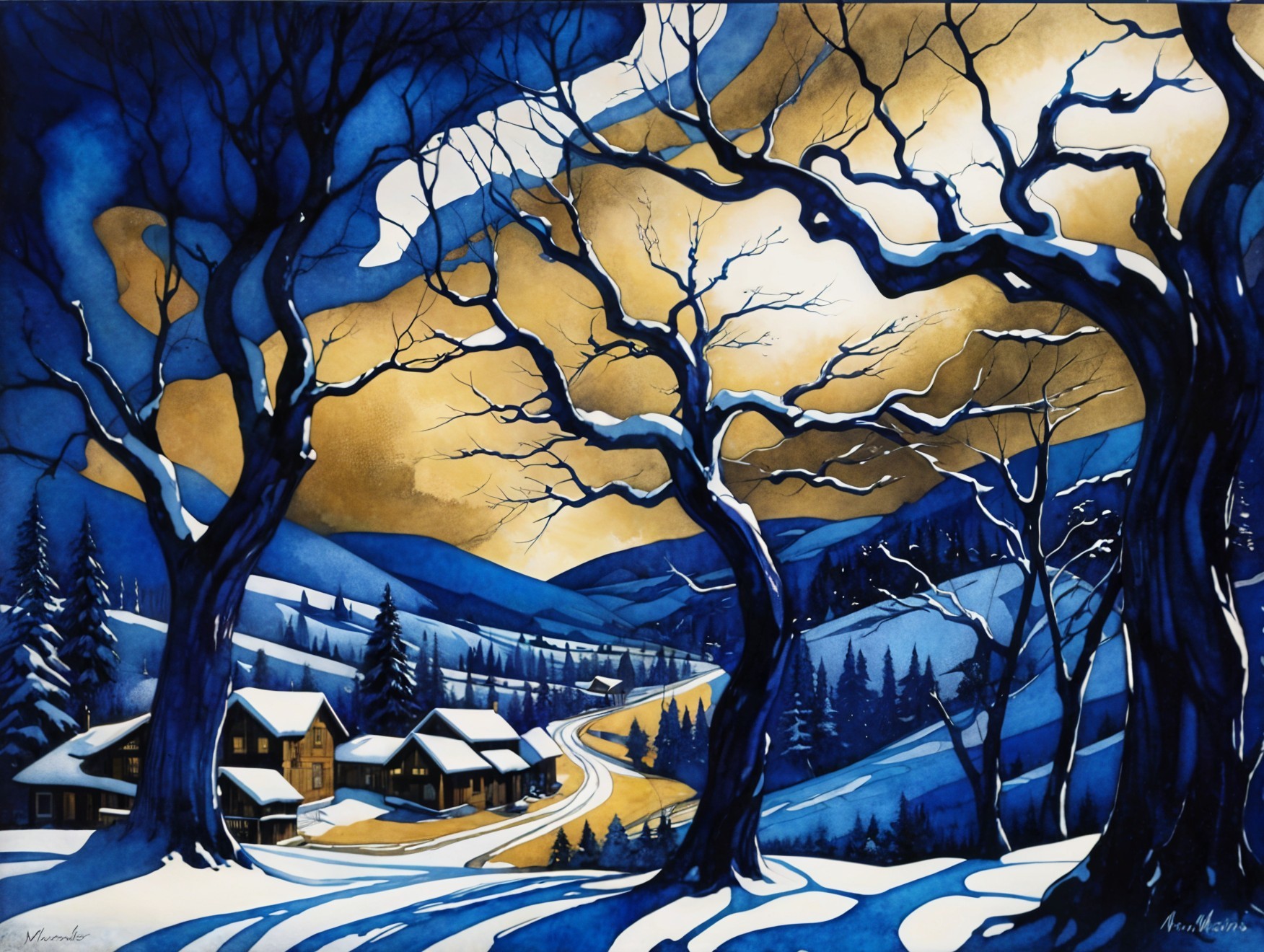 Winter Landscape with Snowy Hills and Cabins