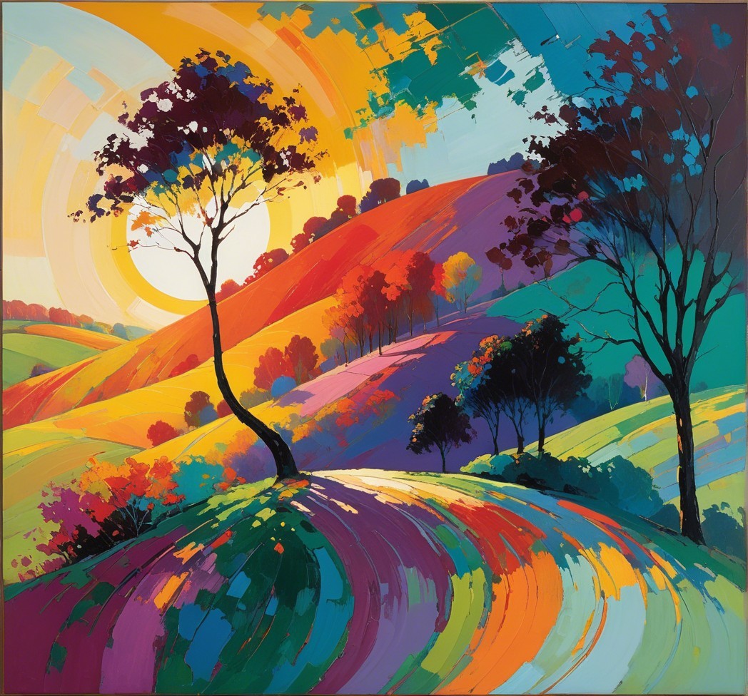 Vibrant Abstract Landscape with Colorful Hills and Sun
