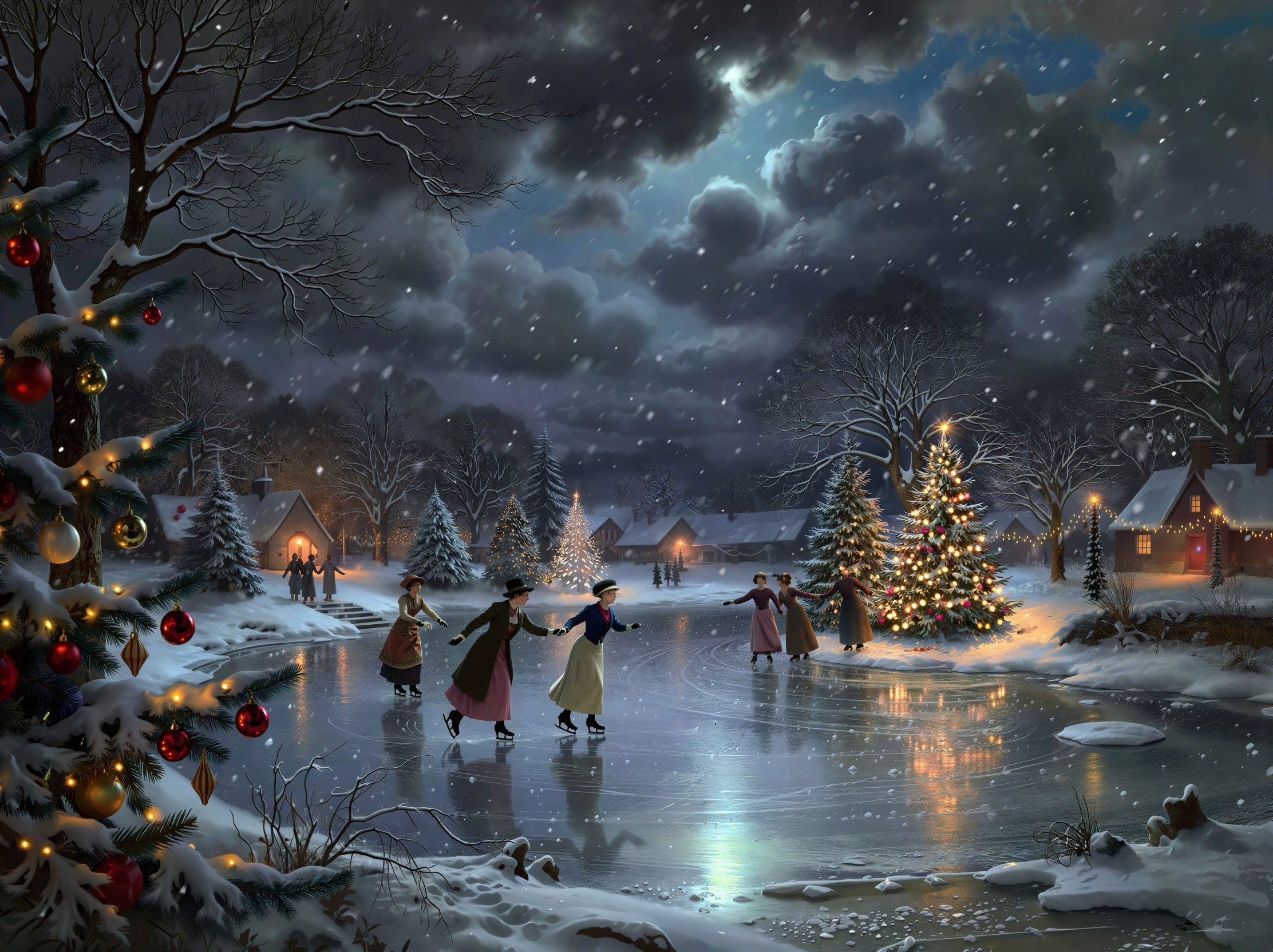 Nighttime Oil Painting of a Snowy Christmas Village