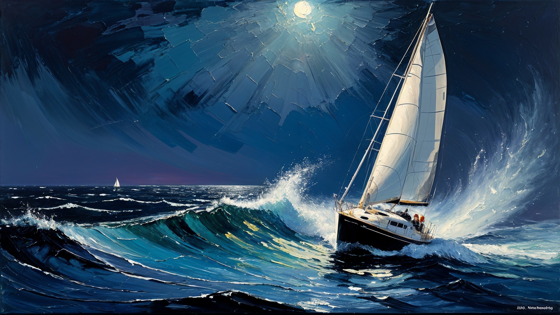 Seascape of Sailboat Navigating Moonlit Waves