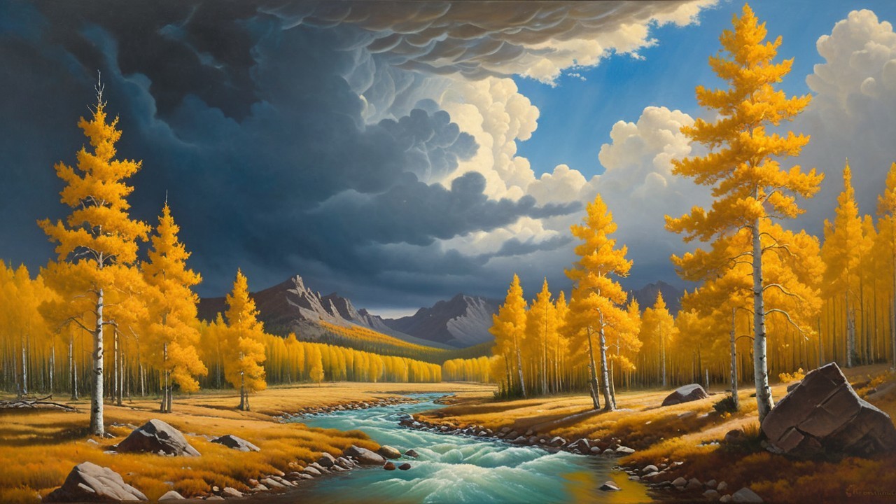 Autumn Landscape with Trees, River, and Mountains