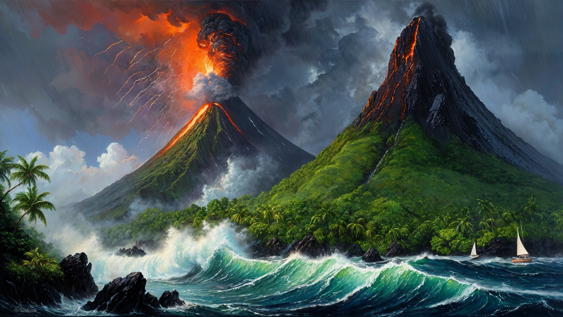 Dramatic landscape with erupting volcanoes and storm clouds