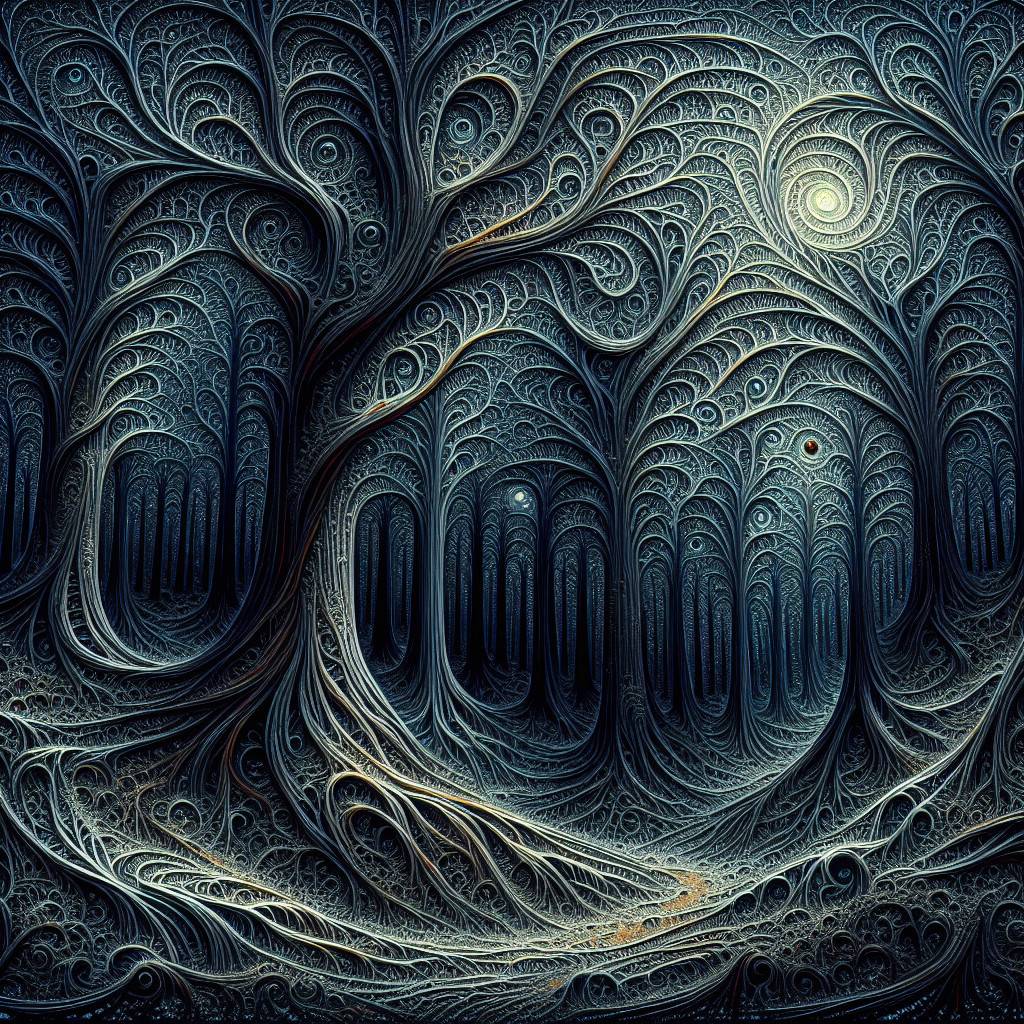 Surreal Forest Scene with Fractal Trees and Glow