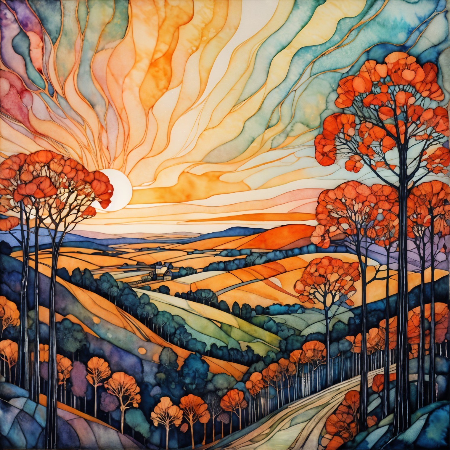 Vibrant Sunset Landscape with Colorful Foliage