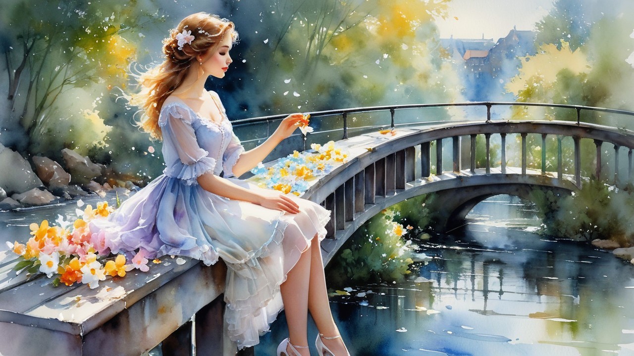 Watercolor Scene of Woman on Bridge with Flowers