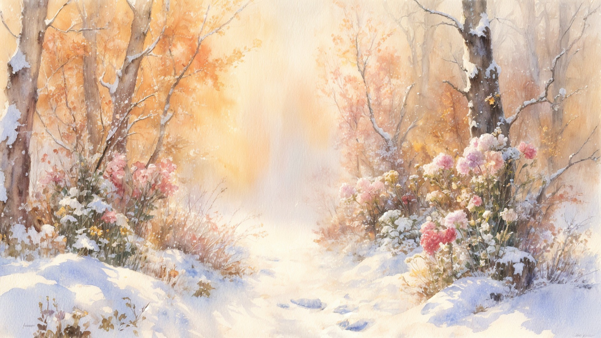Serene Winter Scene with Snow and Colorful Leaves