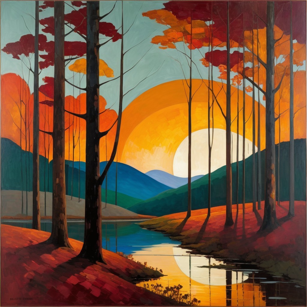 Serene sunset landscape with rolling hills and trees