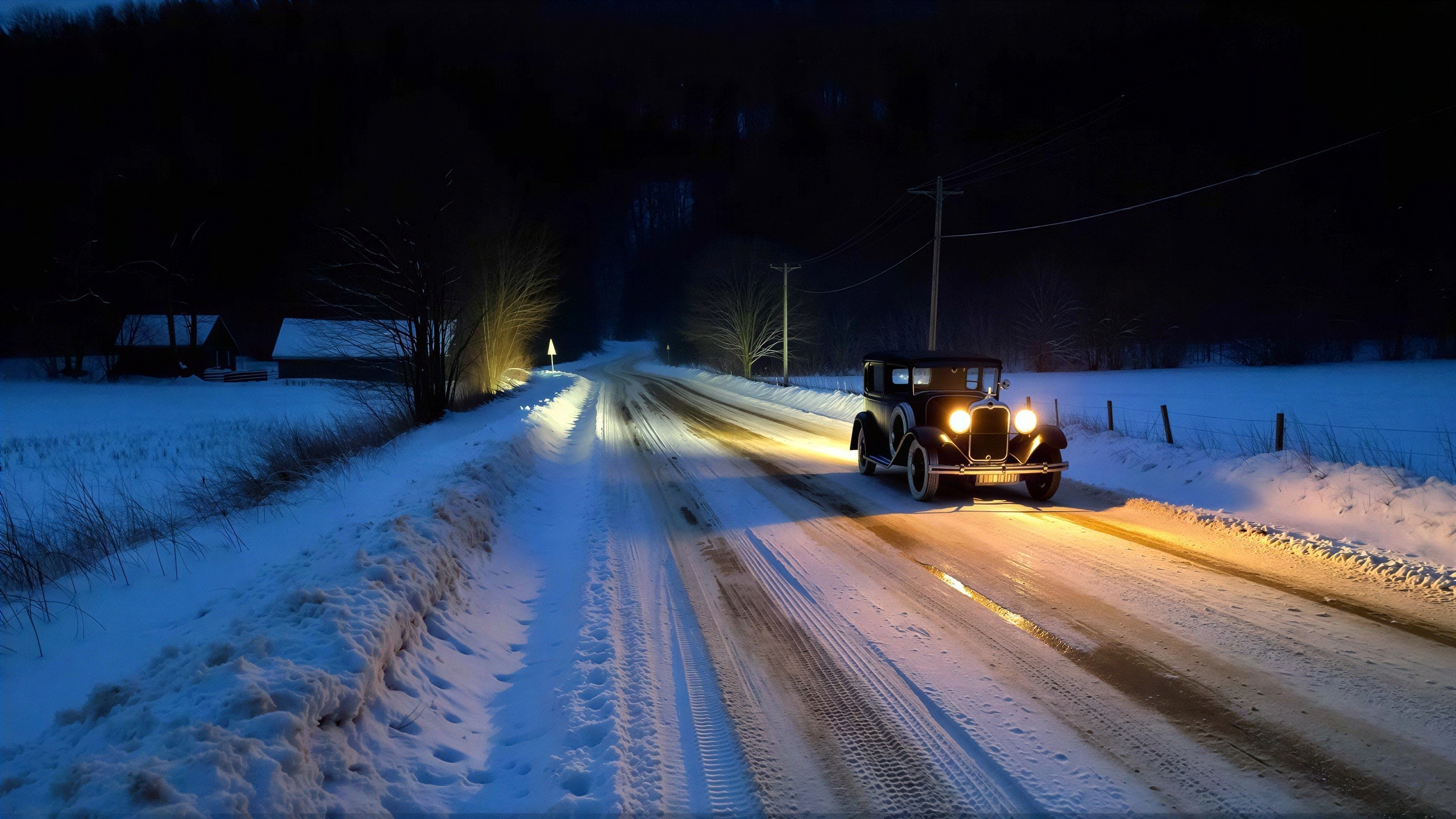 Old Black Vintage Car on Snowy Night Road