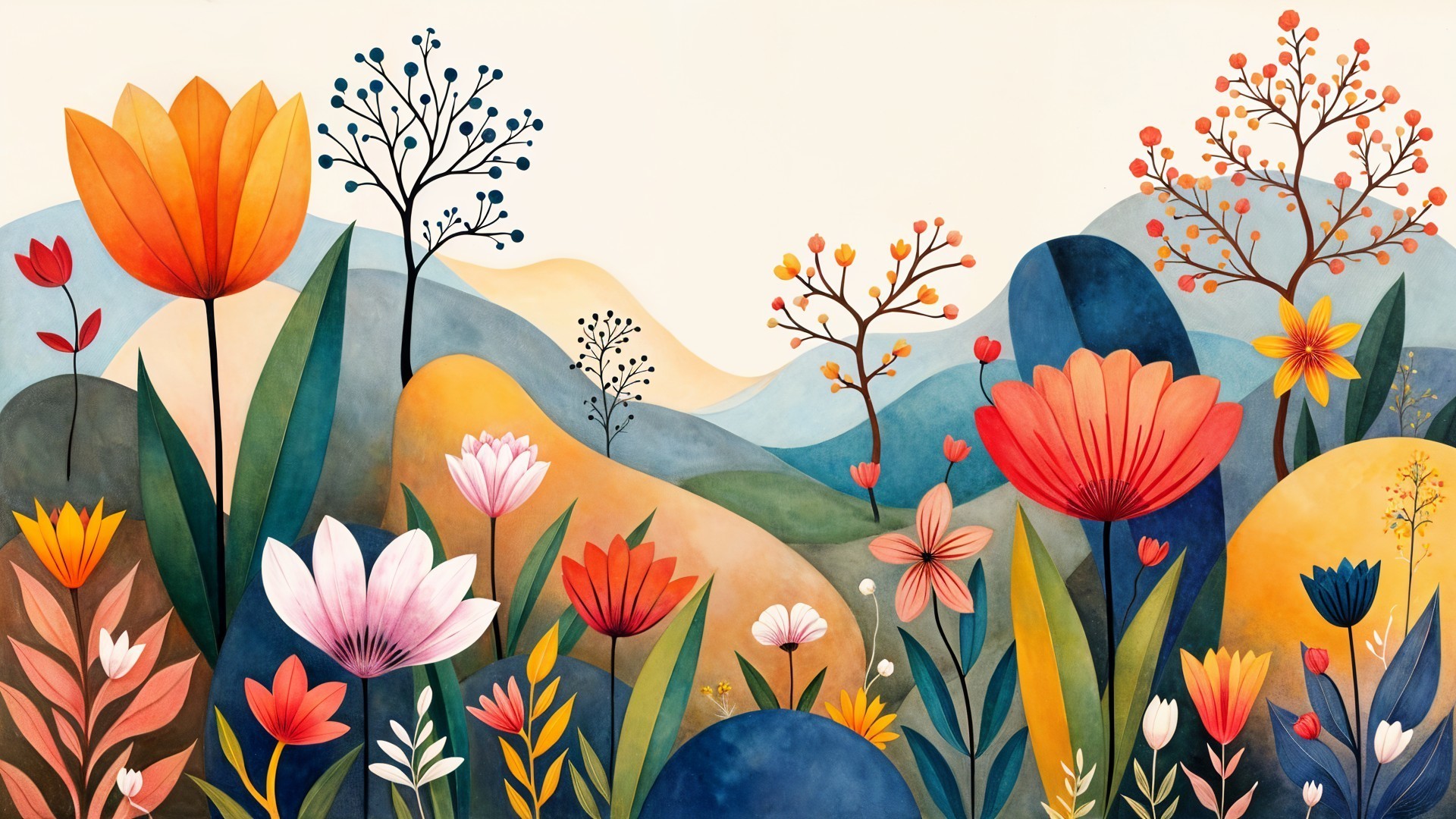 Colorful Landscape with Stylized Flowers and Hills