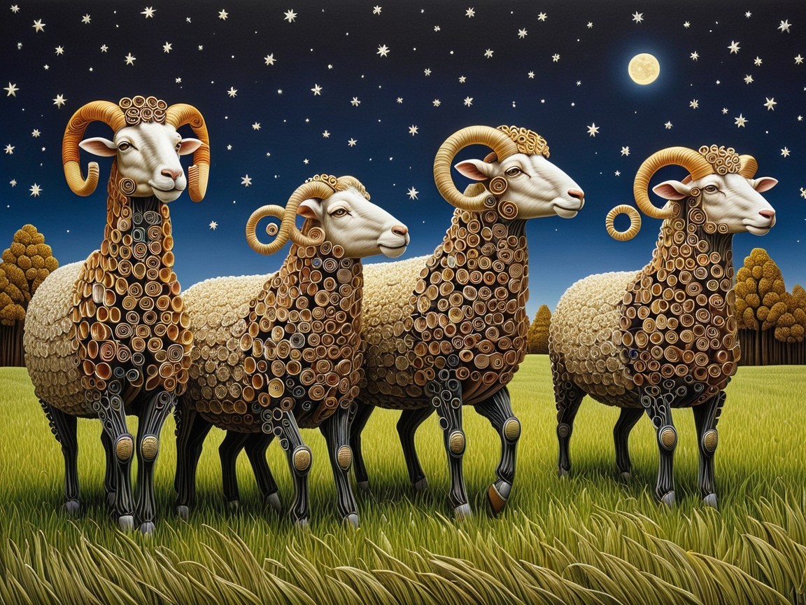 Whimsical Night Scene with Stylized Sheep in Field